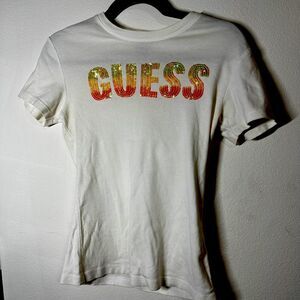 GUESS ✨ Sparkly White T shirt Top size Medium